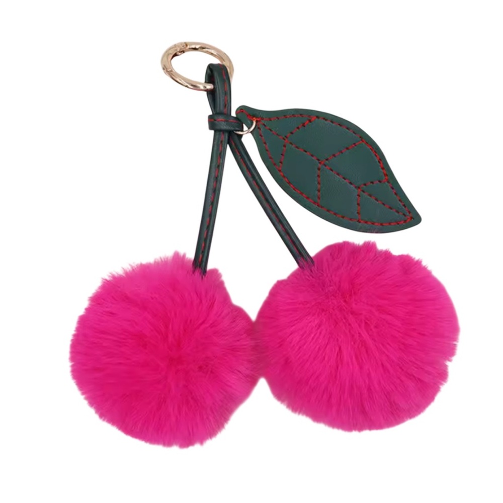 Pink Cherry Pom Pom Keychain